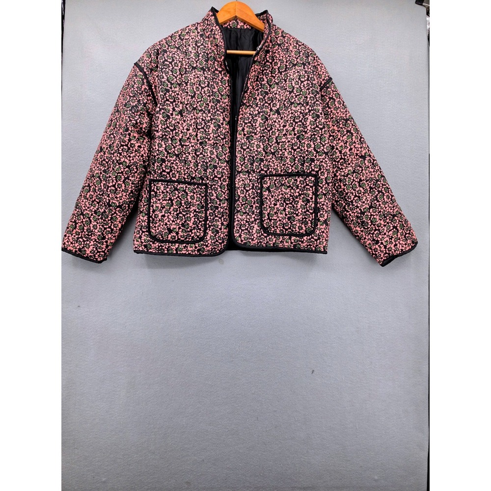Fashion Pink Green Floral Quilted Puffer Jacket Womens Medium Hook Eye Pockets